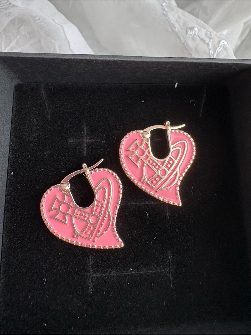 Vivienne Westwood Pink Heart Enamel Drop Earrings with Gold Trim